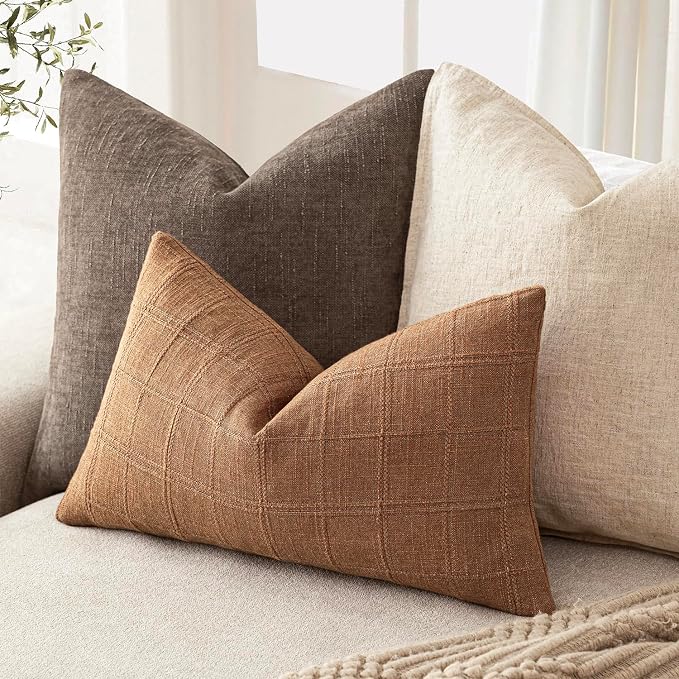 Foindtower Set of 2 Decorative Linen Check Throw Pillow Covers Neutral Farmhouse Lumbar Cushion Covers Modern Boho Home Decor for Sofa Chair Couch Bedroom Living Room,12×24 Inch,Brick