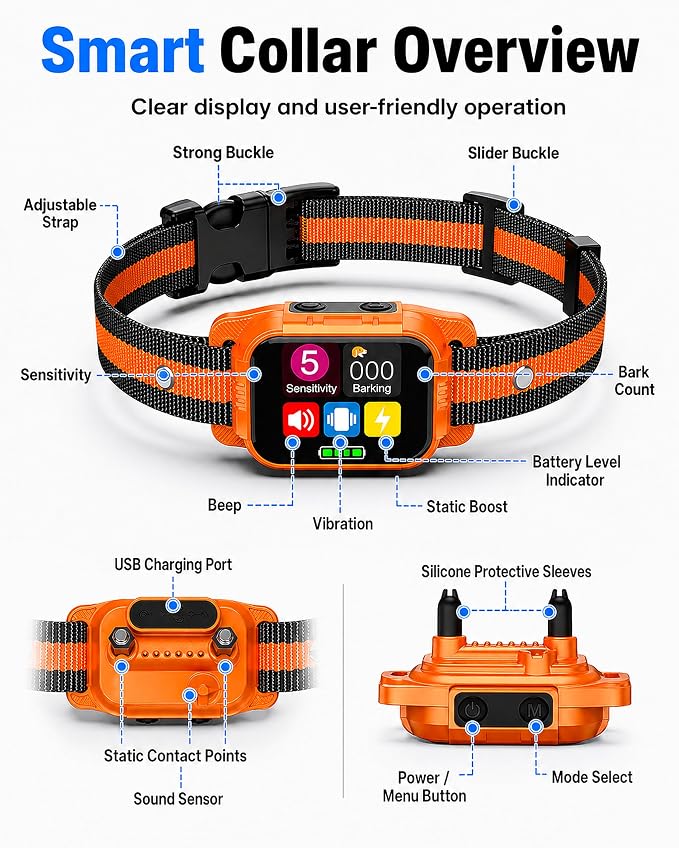 Smart Dog Bark Collar - Anti Barking Device for Large Medium Small Dogs, Stop Excessive Barking & Aggression Behavior, with 5 Modes & 5 Sensitivity, IP67 Waterproof for Indoor/Outdoor Use, Orange