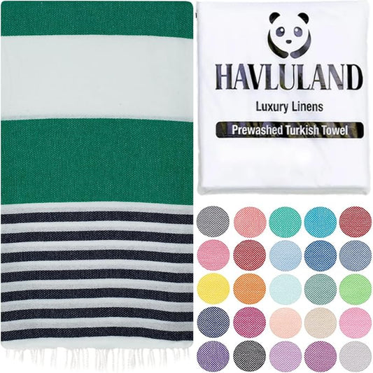HAVLULAND Turkish Beach Towels, Oversized 40"x72" Turkish Bath Towel, Highly Absorbent Quick Dry Sand Free Beach Towels for Beach Pool Spa Gym Yoga Travel Camping Picnic Blanket - Green/Navy