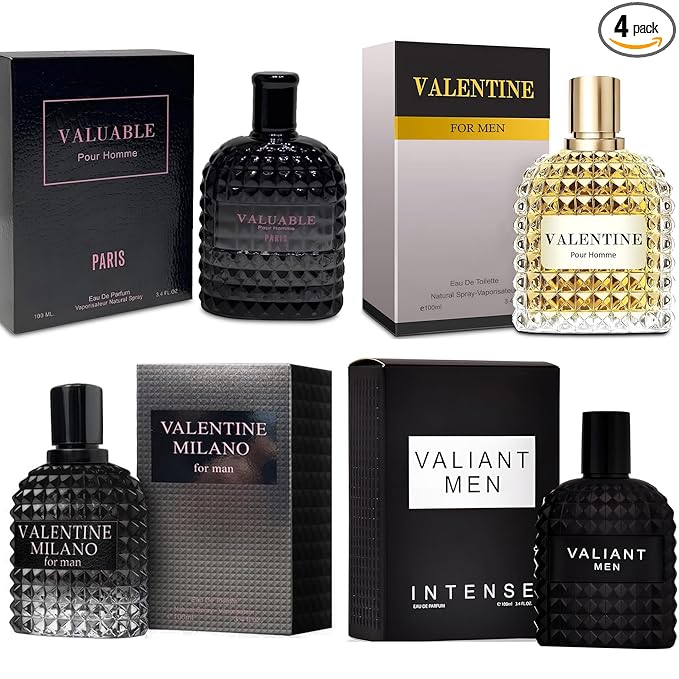 A CENTER Men's Cologne Gift Set 4PCS Combo Include Valentine Milano,Valentine,Valiant Men & Valuable Paris - 3.4 Fl Oz Each | Vanilla, Leather & Amber Floral Long Lasting Fragrance
