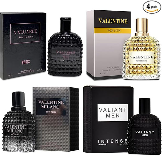 A CENTER Men's Cologne Gift Set 4PCS Combo Include Valentine Milano,Valentine,Valiant Men & Valuable Paris - 3.4 Fl Oz Each | Vanilla, Leather & Amber Floral Long Lasting Fragrance
