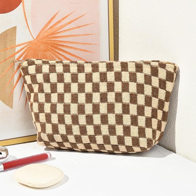 SOIDRAM 2 Pieces Makeup Bag Large Checkered Cosmetic Bag Capacity Canvas Travel Toiletry Bag Organizer Cute Makeup Brushes Aesthetic Accessories Storage Bag for Women, Brown checkered