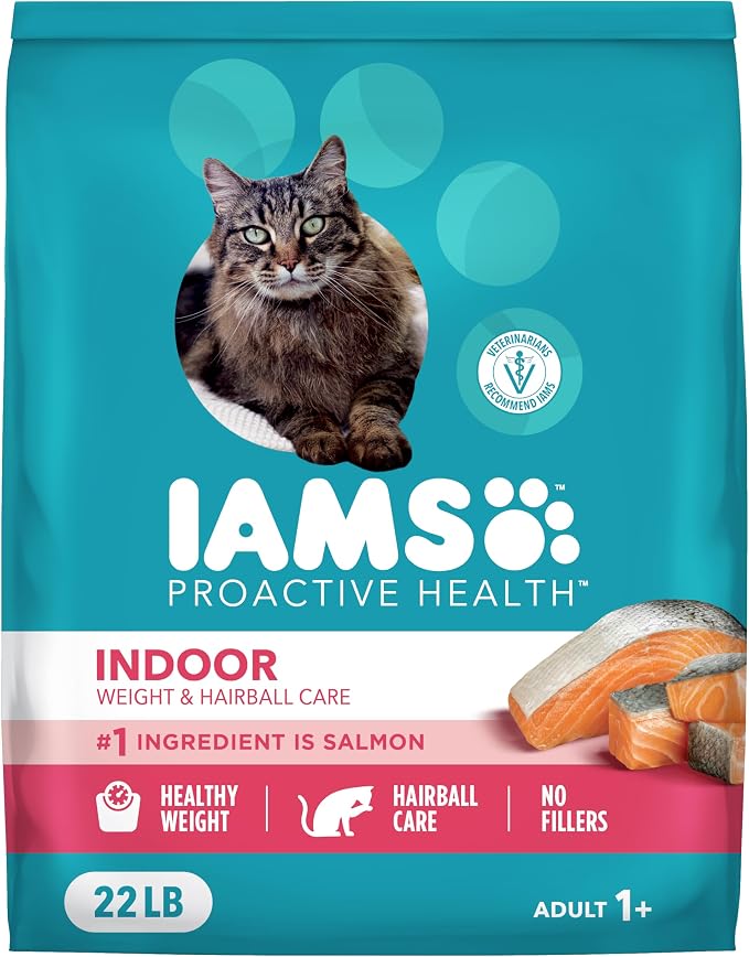 IAMS Proactive Health Indoor Dry Cat Food, Salmon, 22 lb | Veterinarian-recommended, #1 ingredient real salmon, reduces hairballs, supports healthy weight, boosts immune system