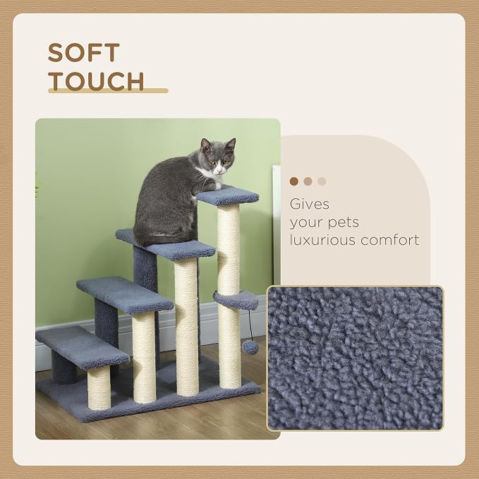PawHut 4 Levels Cat Steps Pet Stairs Carpeted Ladder for High Bed Gray | Kitten Tree Climber, Scratching Posts, Hanging Play Ball, Side Step, for Sofa