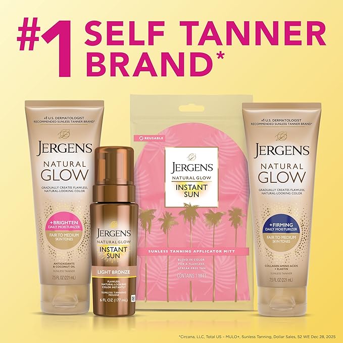 Jergens Natural Glow Self Tanner Body Lotion, Sunless Tanning, Fair to Medium Skin Tone, Daily Moisturizer with Coconut Oil, Vitamin E and Antioxidants, 7.5 Oz, Pack of 2
