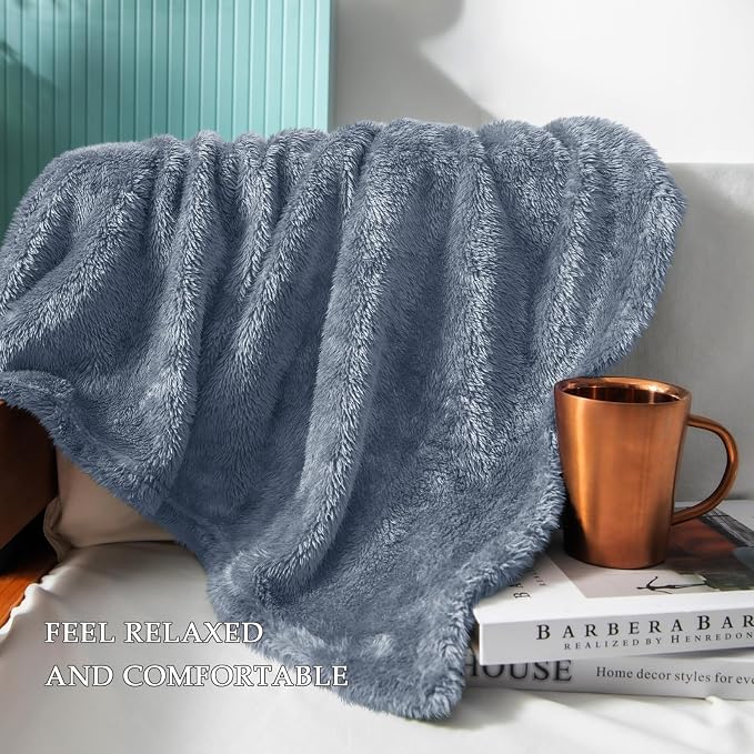Exclusivo Mezcla Fuzzy Plush Fleece Bed Blanket Queen Size, Stone Blue | 90x90 Inches, Super Soft and Cozy Bed Blanket, Fluffy Decorative Bedding for Livingroom, Bedroom, All Season