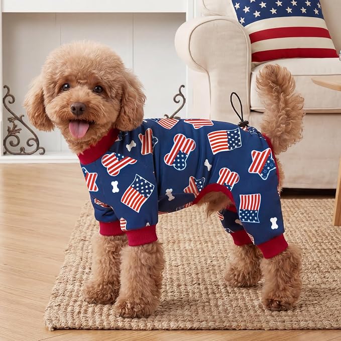 XPUDAC 4th of July Dog Pajamas, Cute Patriotic Dog Clothes with Adjustable Drawstring, Funny Pet Pjs American Flag Pet Outfit for Small Medium Dogs Independence Day, M