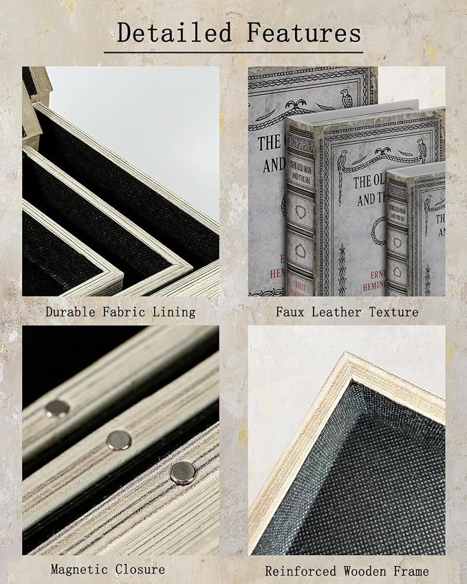 Vintage Faux Leather Decorative Book Box Set of 3 – Wooden Secret Storage Box with Magnetic Closure, Hidden Organizer for Bookshelf, Desk, or Office Decor (The Old Man and The Sea)