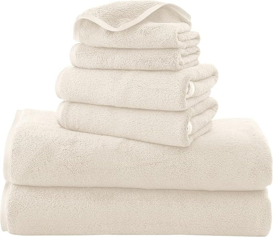 TENSTARS Luxury Silk Hemming Towel Set - Light Thin Quick Drying - 2 Bath Towels 2 Hand Towels 2 Washcloths - Ultra Soft Microfiber Towel for Bath Fitness, Sports, Yoga, Travel (Cream 6 Pieces)