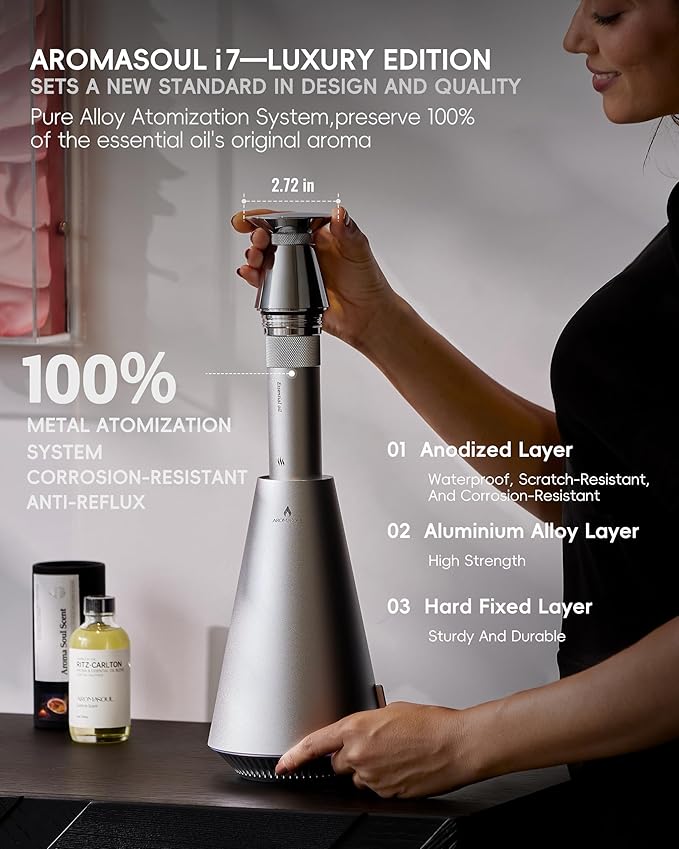 All-Metal Waterless Scent Diffuser Kit – 1500 Sq.Ft Coverage, Wireless Rechargeable,App Control, Mood Light, Hotel Scent Diffuser, Includes 5×15ml Essential Oils, for Home,Large Room,Spa,Silver