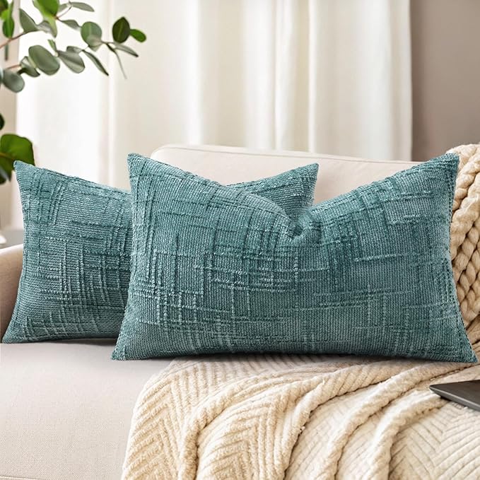 decorUhome Textured Chenille Throw Pillow Covers 12x20 Set of 2 Teal | Fall Modern Farmhouse Soft Cozy Slubby Couch Pillow Cases Boho Decorative Pillow Cases for Bed Sofa Living Room Home Decor