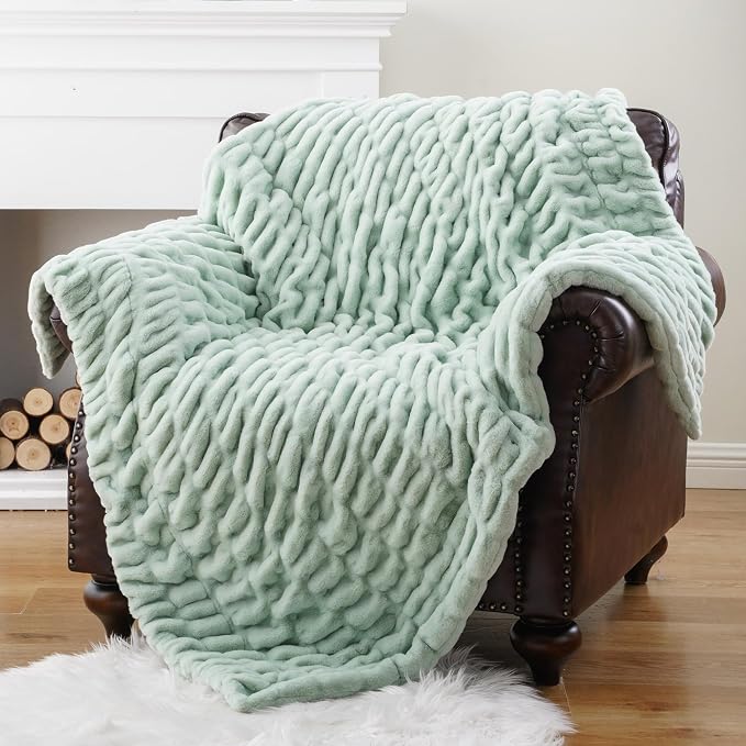 BATTILO Faux Fur Throw Blanket for Couch, 50"x60", Double Side, Sage Green