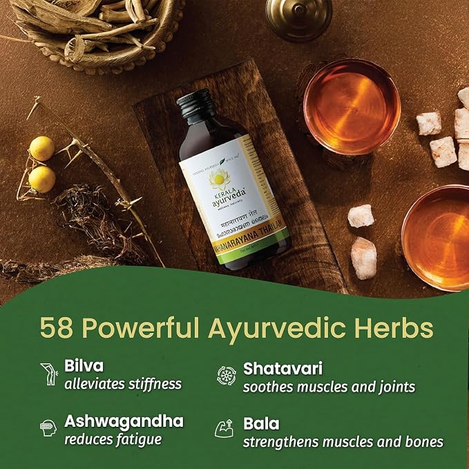 KeralaAyurveda Mahanarayana Thailam | Body Massage Oil for Full Body Relaxation, Joint Mobility & Muscle Relief | 58-Herb Til Oil Infusion for Massage | 200 ml/6.76 Fl Oz