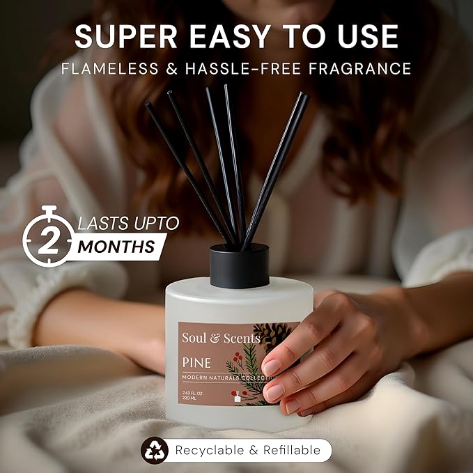 Soul & Scents Reed Diffuser Set – Pine | 7.43 oz Refillable Scented Oil with 6 Fiber Sticks | Long-Lasting Home Fragrance & Air Freshener for Bedroom, Bathroom, Office | Gift & Décor Piece