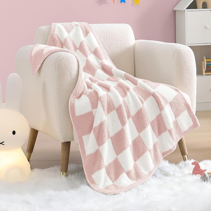 Soft Checkered Throw Blanket for Couch-Cozy Warm Knitted Blankets | Lightweight Fluffy Decor for Boys & Girls, Sofa, Chair, Bed, 30x40in,Pink