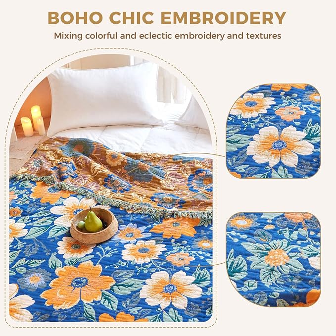 LUTBM Boho Throw Blanket for Bed 60"x80", All Season Cotton Couch Blankets | Blue Reversible Florals Jacquard, All-Season Twin Lightweight Breathable Quilt, For Chair Sofa Bedroom Living Room Decor