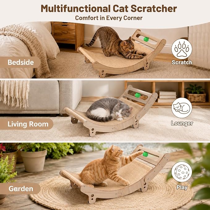 31.5" Sisal Cat Scratcher Bed with Bell Balls Wooden Cat Furniture(XXL) | Cat Scratching Post for Indoor Cats Hammock.Natural Sisal Cat Scratch.Anti Slip and Stable Without Shaking.Easy to install