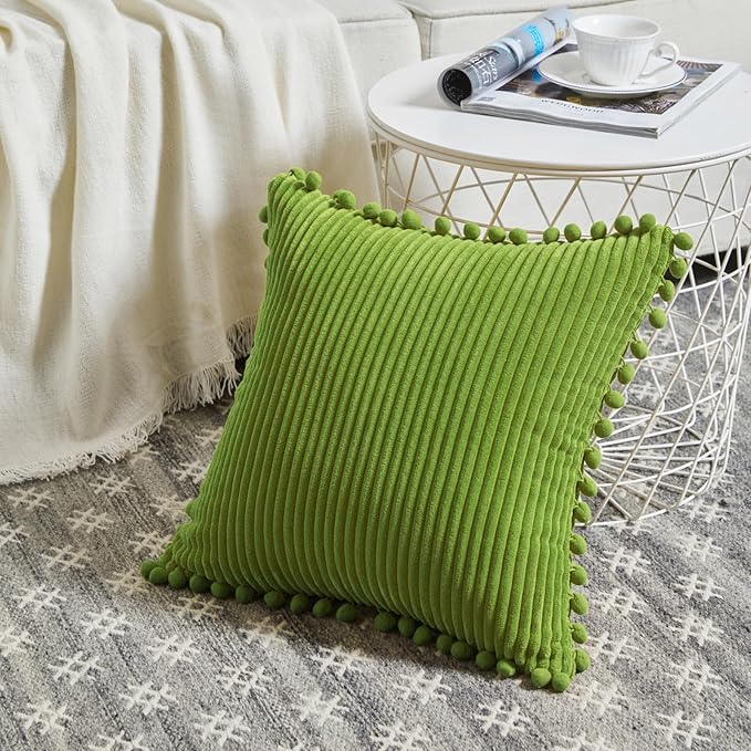 Fancy Homi Pack of 2 Lime Green Decorative Throw Pillow Covers with Pom-poms, Soft Corduroy Solid Square Cushion Cases Set for Couch Sofa Bedroom Car Living Room (18x18 Inch/45x45 cm, Lime Green)