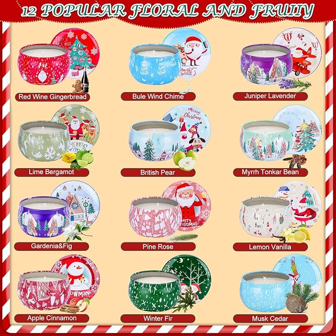 12 Pack Christmas Scented Candles with Natural Soy Wax, Long Lasting Aromatherapy Soy Candles for Home Scented, Christmas Candles Gift Set for Women & Men