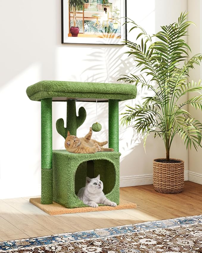 SYANDLVY 27" Cactus Cat Tree for Indoor Cats, Green Modern Activity Tower | Scratching Posts, Kitten Condo with Plush Perch & Hanging Ball for Play