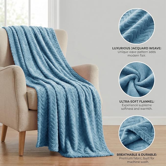 Exclusivo Mezcla Soft Fleece Throw Blanket for Couch, Cozy Lightweight Blankets with Decorative Wave Textured Suitable for All Season Use, Slate Blue, 50x70 Inches | 50"x70" Soft Breathable Lightweight Flannel Throws for Summer, Plush Cozy Jacquard Wav...
