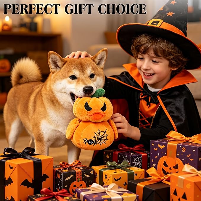 EXPAWLORER Halloween Squeaky Dog Toy - Funny Pumpkin Duck Plush Puppy Chew Toy with Crinkle Paper & Squeaker, Durable Interactive Stuffed Duck for Small Medium Large Dogs, Gift for Teething Holiday