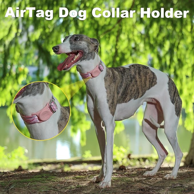 AirTag Dog Collar, Reflective Nylon, Metal Buckle, IP68, Dog Collar with AirTag Holder, Heavy Duty Dog Collars for Large Medium Small Dogs (Blush Pink, L：Width 1",Neck 16.1"-25.2")