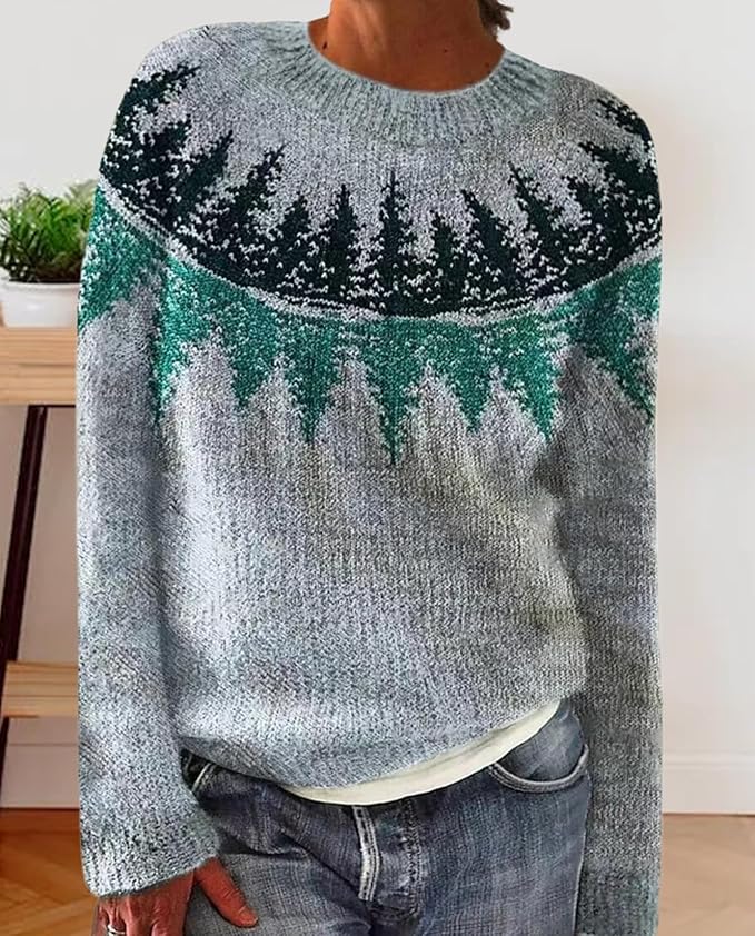 Zhyaj Fair Isle Sweater for Womens Winter Long Sleeve Vintage Knitted Sweater Casual Fall Crew Neck Pullover Sweaters