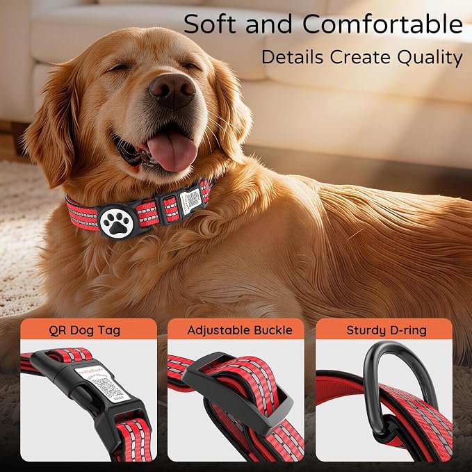 Waterproof AirTag Dog Collar with QR Code Dog Tag, Red M | IP68 waterproof, QR code dog tag, Anti-Lost, Online profile, fits XS-L (8"-26"), Padded nylon, Reflective, No App, No Fees