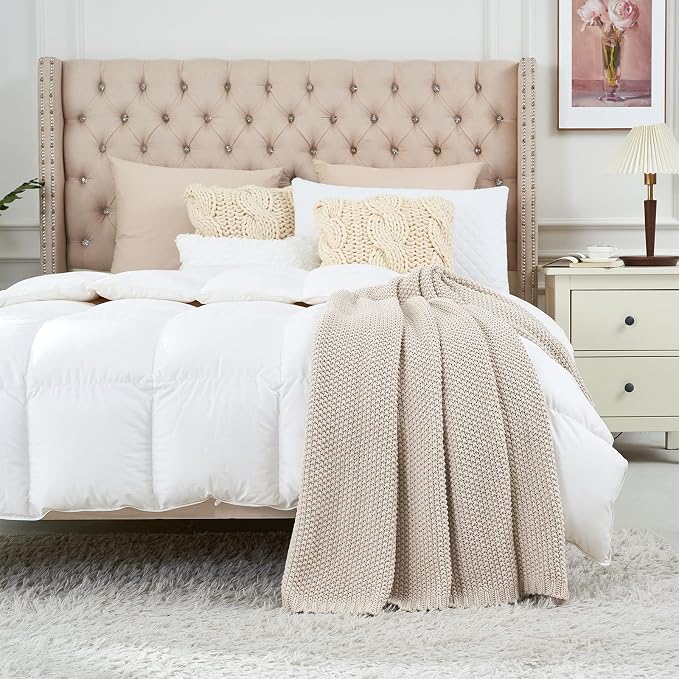 Chunky Cable Knit Throw Blanket Lightweight Beige 100% Organic Cotton Blanket for Sofa Couch Bed Baby Nursery, Rustic Shabby Chic Modern Farmhouse, 60” x 80”