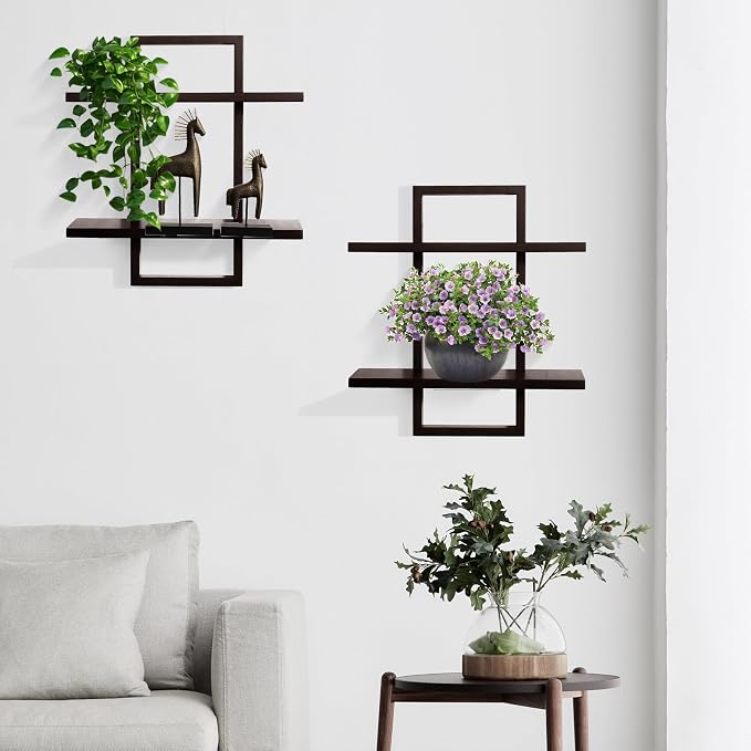 Floating Shelves for Wall,Decorative Wall Shelves,Plants Shelf Framed | Square Wall Decor,Art Sconces Artificial Vases Hanging Storage Shelf for Bathroom Living Room Modern,Wood,2 Tier,2PCS,Walnut