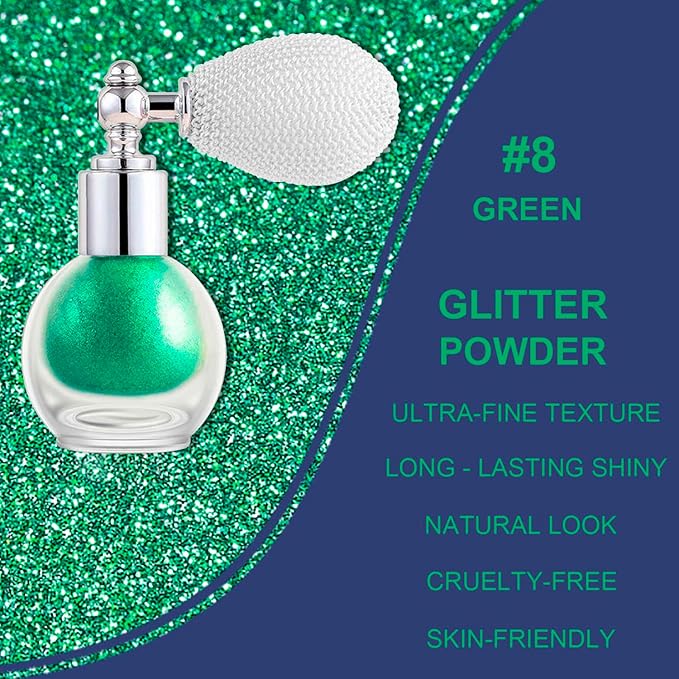 Green Glitter Spray for Face and Body, Rich Color Loose Shimmer Powder Long Lasting Sparkly Spray High Gloss Makeup for Women Rave Festival Prom Stage Wedding Party, #8