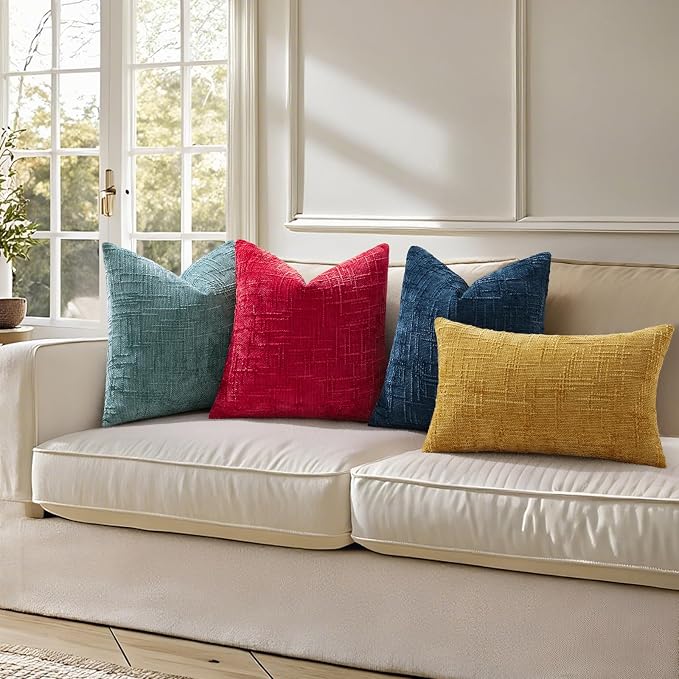 decorUhome Textured Chenille Throw Pillow Covers 24x24 Set of 2 Red | Fall Modern Farmhouse Soft Cozy Slubby Couch Pillow Cases Boho Decorative Pillow Cases for Bed Sofa Living Room Home Decor