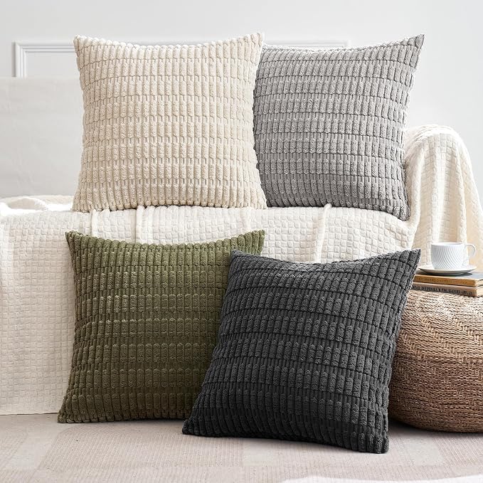 MIULEE Pack of 4 Corduroy Throw Pillow Covers 18x18 Inch Grey and Olive | Neutral Rustic Farmhouse Boho Soft Striped Pillow Covers,Home Decor for Sofa,Living Room,Couch,Bed