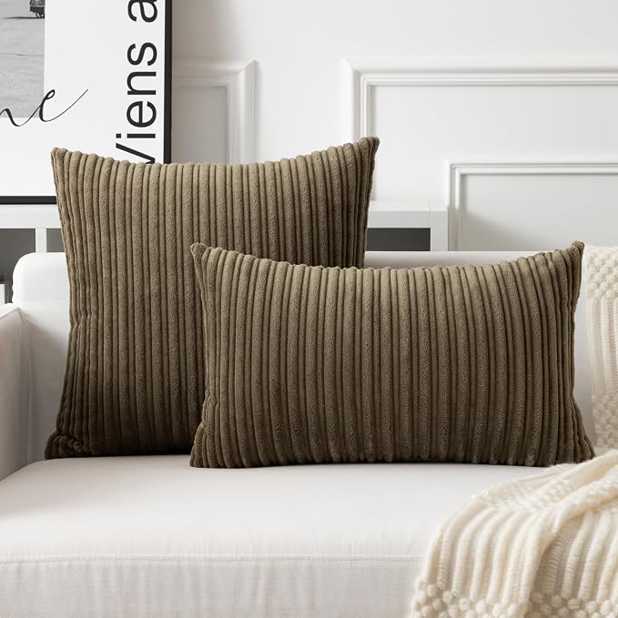 UGASA Velvet 12x20 Inch Lumbar Soft Throw Pillow Covers Decorative Corduroy Striped Both Sides Solid Rectangular Cushion Cases Boho Farmhouse for Couch Bedroom Sofa Home, Pack of 2, Olive Green