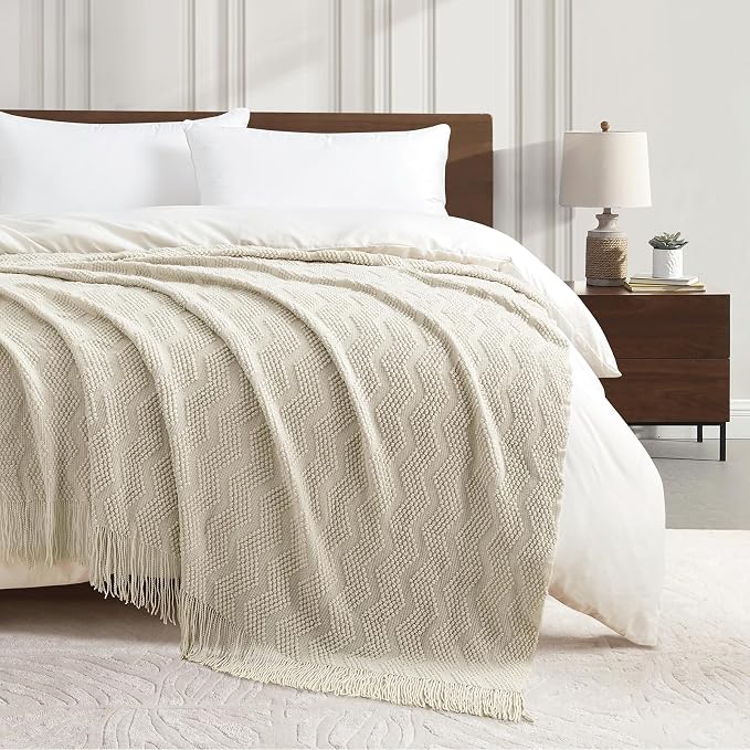 BOURINA Beige Throw Blanket 50x60 Inch Soft Ripple Throw Knitted Blanket | Soft Ripple Throw Textured Solid Soft Throws and Blankets for Sofa or Bed Knitted Decorative Blanket