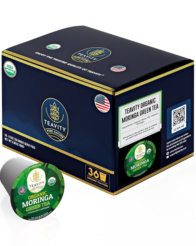 Organic Moringa Green Tea Pods for Keurig - Naturally Caffeinated by Teavity (36 Tea Pods)