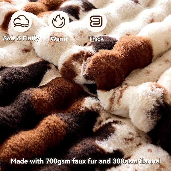 Anysay Faux Fur Throw Blanket, 1000GSM Fluffy Soft Bubble Blanket 80''*90'' | Cozy Plush Warm and Thick Blanket for Couch Bed, Fuzzy Rabbit Throw for Living Room Bedroom Cow Brown