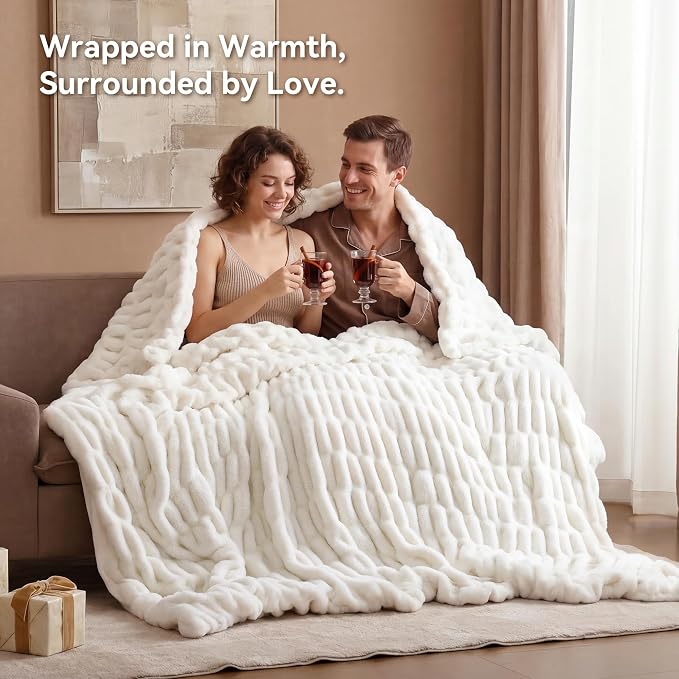 Cream White Fluffy Blanket for Couch -Luxury Faux Rabbit Fur 60"x80" | Ultra Soft & Plush Comfort Ruched Blanket, Cozy Fuzzy Fleece Throw for Sofa, Bed & Office, Gift for Women, White Room Decor