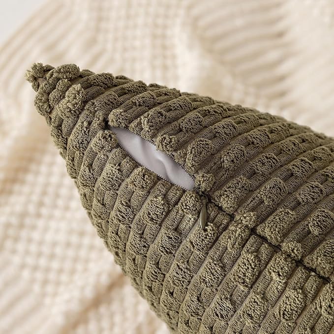 Kevin Textile Soft Corduroy 20"x54" Body Pillow Cover 1 Pack, Olive Green | Boho Stripe Plush Corduroy Decorative Oblong Cushion Cover Modern Farmhouse Home Decor for Sofa Couch Bed Chair