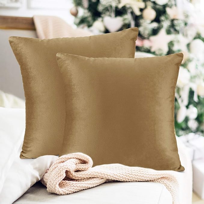 Throw Pillow Inserts Pack of 2 with Velvet Soft Solid Decorative Square Throw Pillow Covers Set for Sofa Couch Car Bedroom, 12X20 Throw Pillows Inserts with 12x18 Washable Cushion Covers, Light Brown