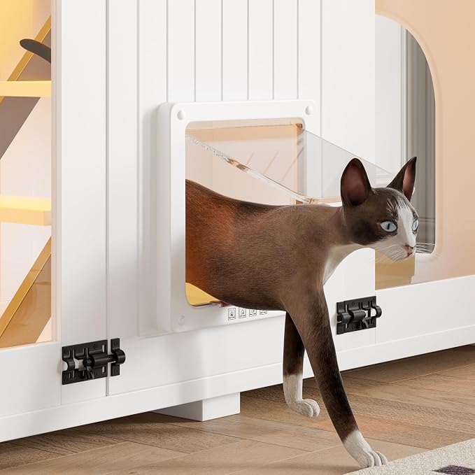 Large Cat Litter Box Enclosure with LED Light, 47.25 Inch Hidden Litter Box Furniture, Cat House with Stairs and Scratching Post, White Cabinet Side Table with Smart Doors