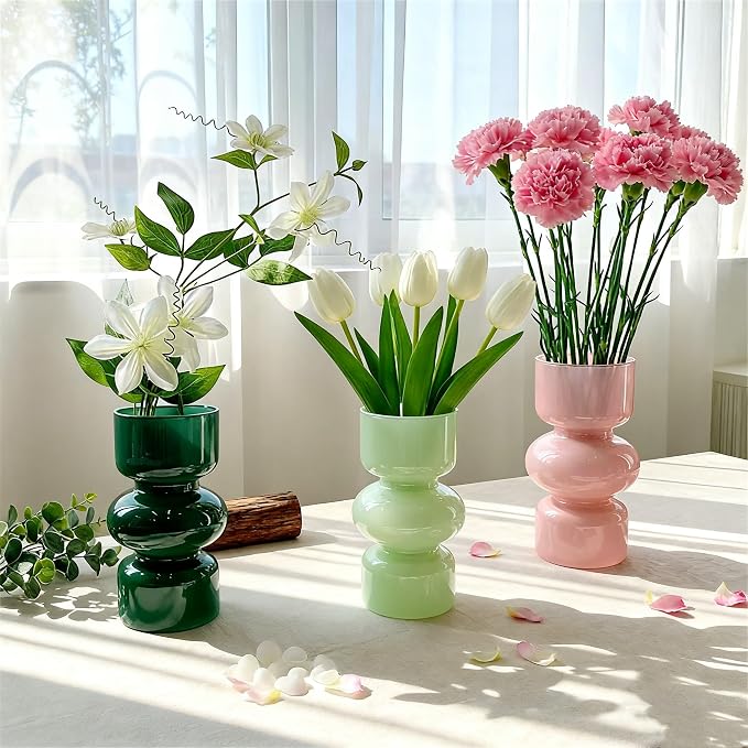JSPYFITS Glass Hydroponic Flower Vase, 7 Inches Colored Glass Bubble Vase for Flower, Three-Layer Glassvase Funky Vase for Home/Office/Weddings/Party Table Flower Decor (Dark Green)