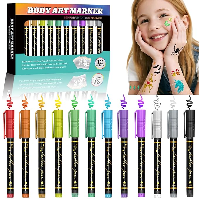 Temporary Tattoo Markers for Skin, 12 Metallic Body Markers for Temporary Tattoo Stencils for Kids Adults, Flexible Brush Tip, Bright Colors, Cosmetic Tattoos Pens for Kids Adults, DIY Body Art Set