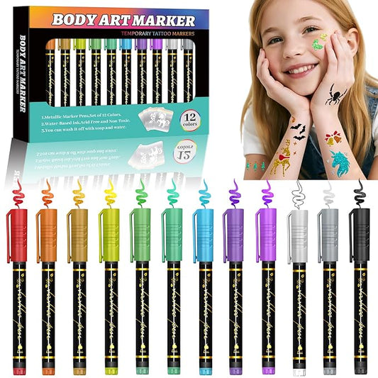Temporary Tattoo Markers for Skin, 12 Metallic Body Markers for Temporary Tattoo Stencils for Kids Adults, Flexible Brush Tip, Bright Colors, Cosmetic Tattoos Pens for Kids Adults, DIY Body Art Set