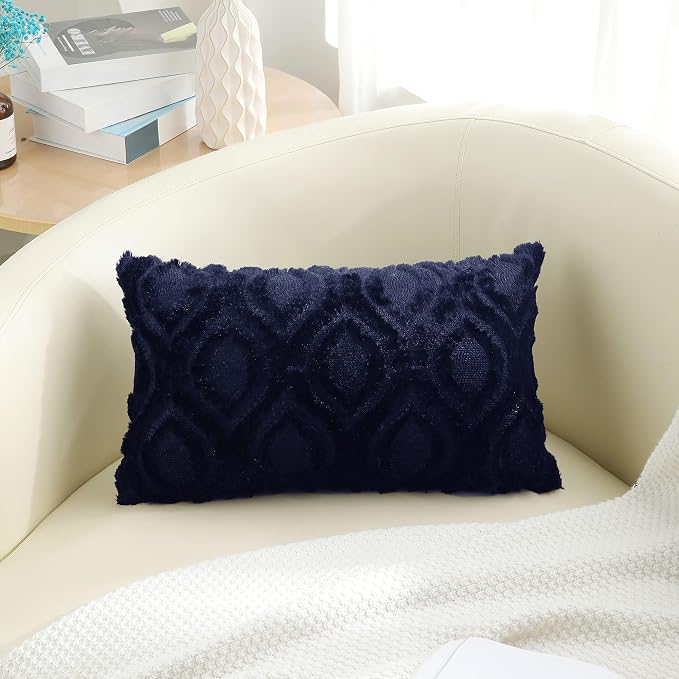 decorUhome Faux Fur Plush Soft Navy Blue Throw Pillow Covers 12x20 Set of 2 | Wool Solid Fall Couch Pillow Covers, Accent Modern Farmhouse Neutral Decorative Square Pillow Cases for Sofa Bed Living Room