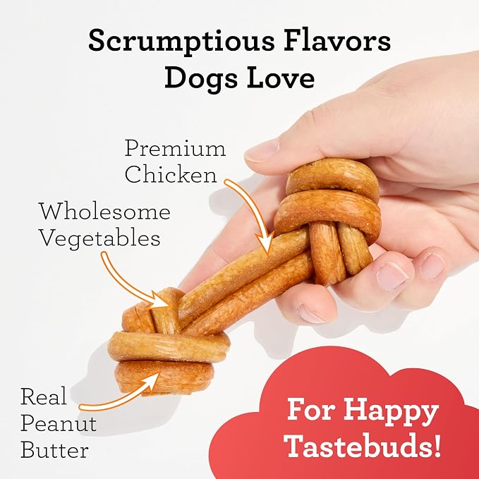 DreamBone CollaYUMS Knots Plus Collagen Rawhide-Free Dog Treats, 14 Count | Supports Hip and Joint Health, Daily Chew, Digests Safely and Completely, With Real Chicken & Peanut Butter, For Adult Dogs