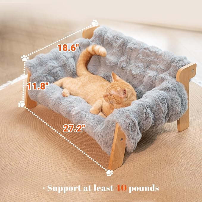 Elevated Cat Couch Bed Wooden Raised Kitty Sofa Lounge Chair | Washable Fluffy Cover Wooden Elevated Pet Furniture for Indoor Cats and Puppy(Dark Grey)
