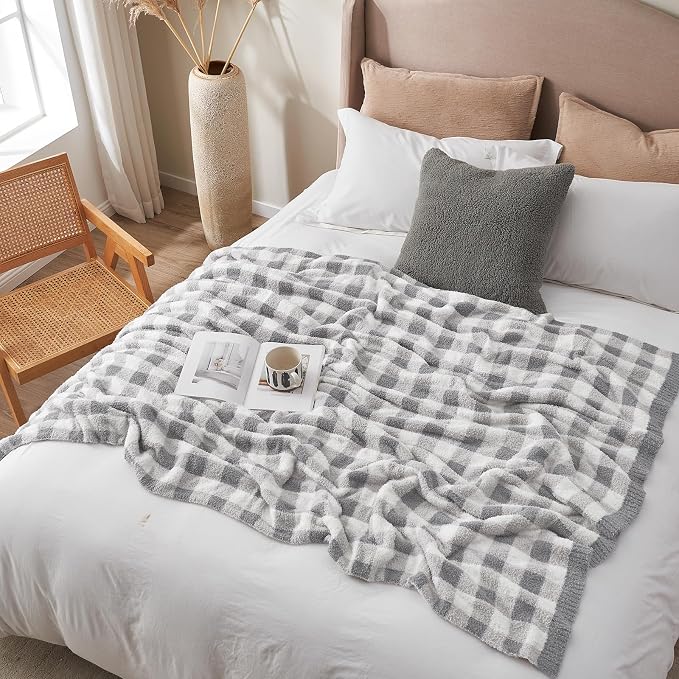 Snuggle Sac Buffalo Plaid Bedding Blanket Twin Size, Super Soft, Cozy Warm Knit Decorative Blankets, Reversible Plaid Fluffy Throws for Bed, Plaid Grey, 60x80 Inches