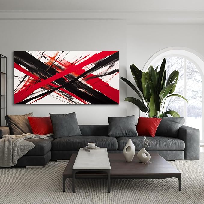 Large Canvas Wall Art for Living Room Black and Withe Red Abstract Print Picture Bedroom Office Wall Decor Modern Framed Abstract Wall Decoration Artwork Size 29x58 Ready to Hang